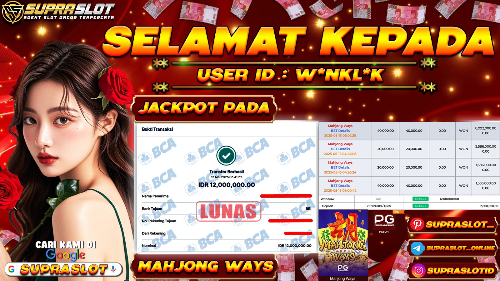 SUPRASLOT JACKPOT di SLOT MAHJONG WAYS Rp.12.000.000,- LUNAS