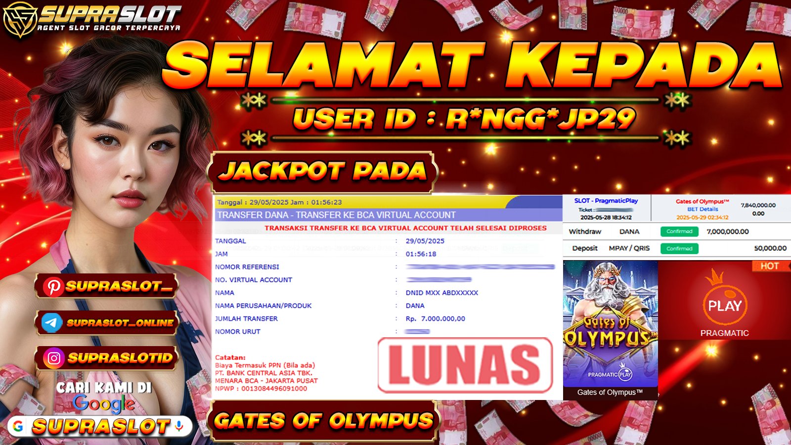 SUPRASLOT JACKPOT di SLOT GATES OF OLYMPUS Rp.7.000.000,- LUNAS