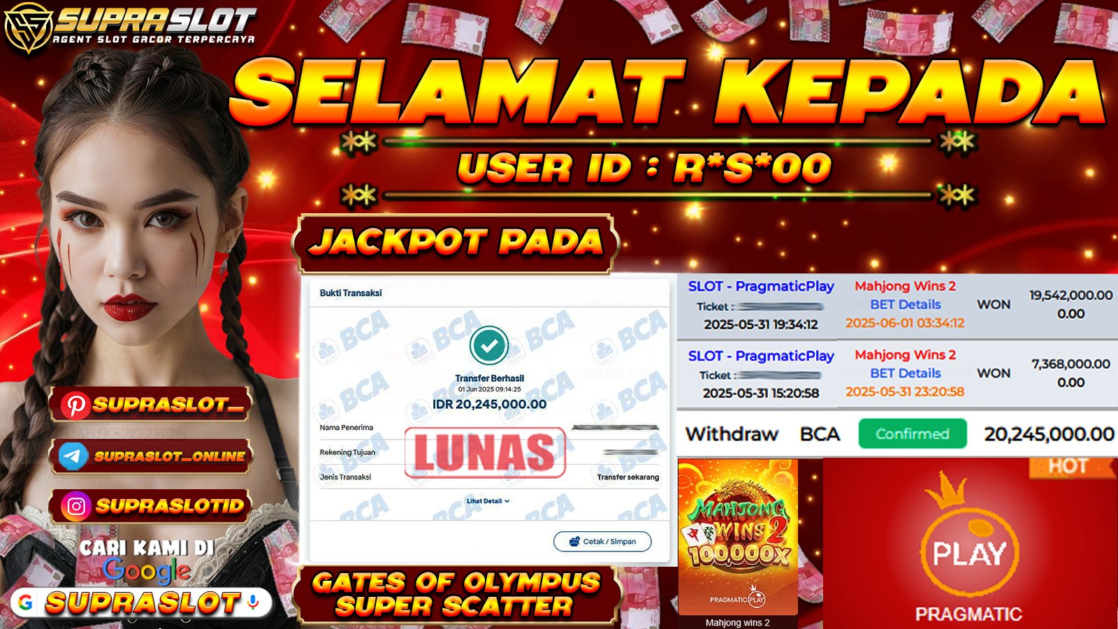 SUPRASLOT JACKPOT di SLOT MAHJONG WINS 2 Rp.20.245.000,- LUNAS