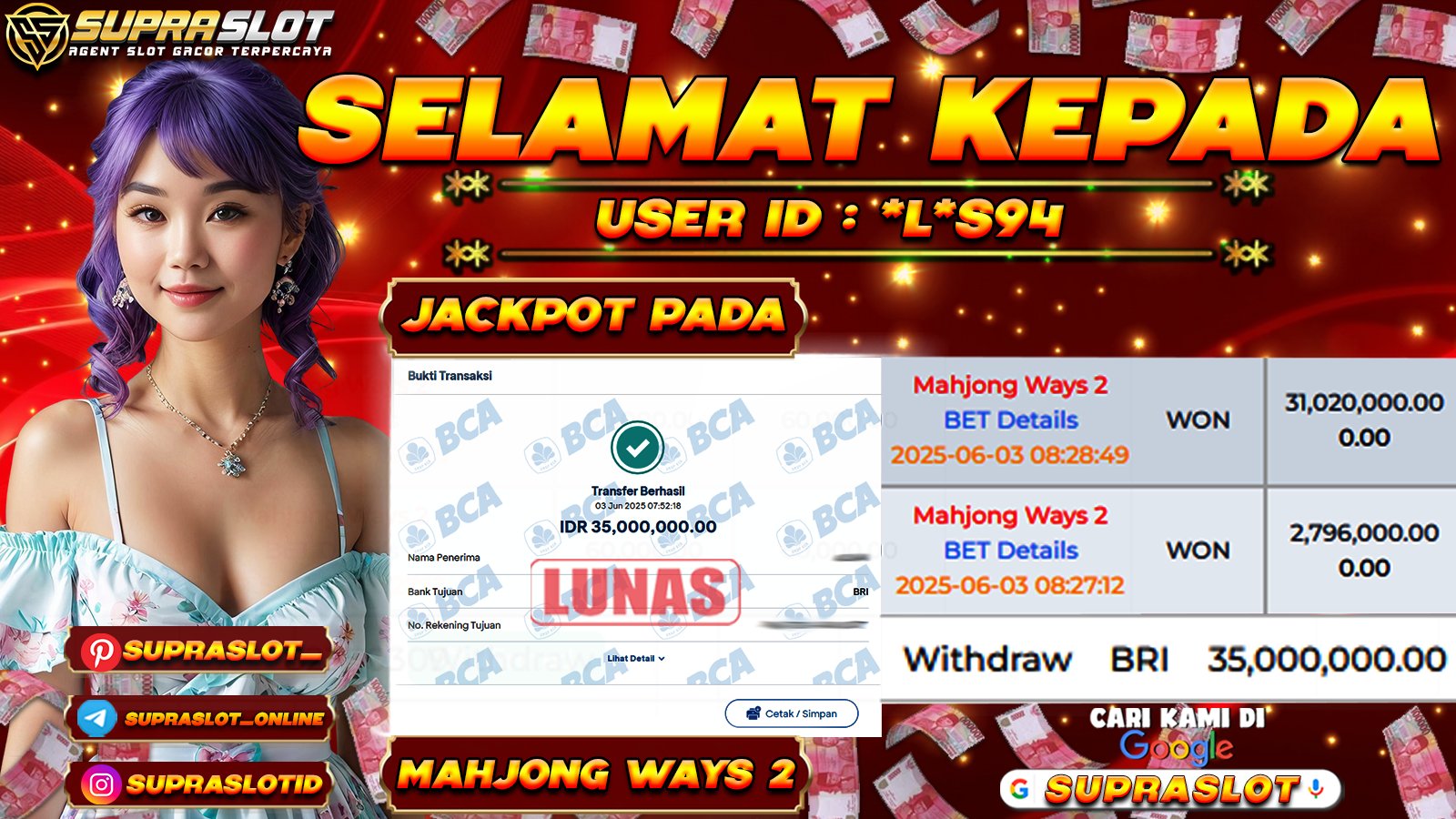 SUPRASLOT JACKPOT di SLOT MAHJONG WAYS 2 Rp.35.000.000,- LUNAS