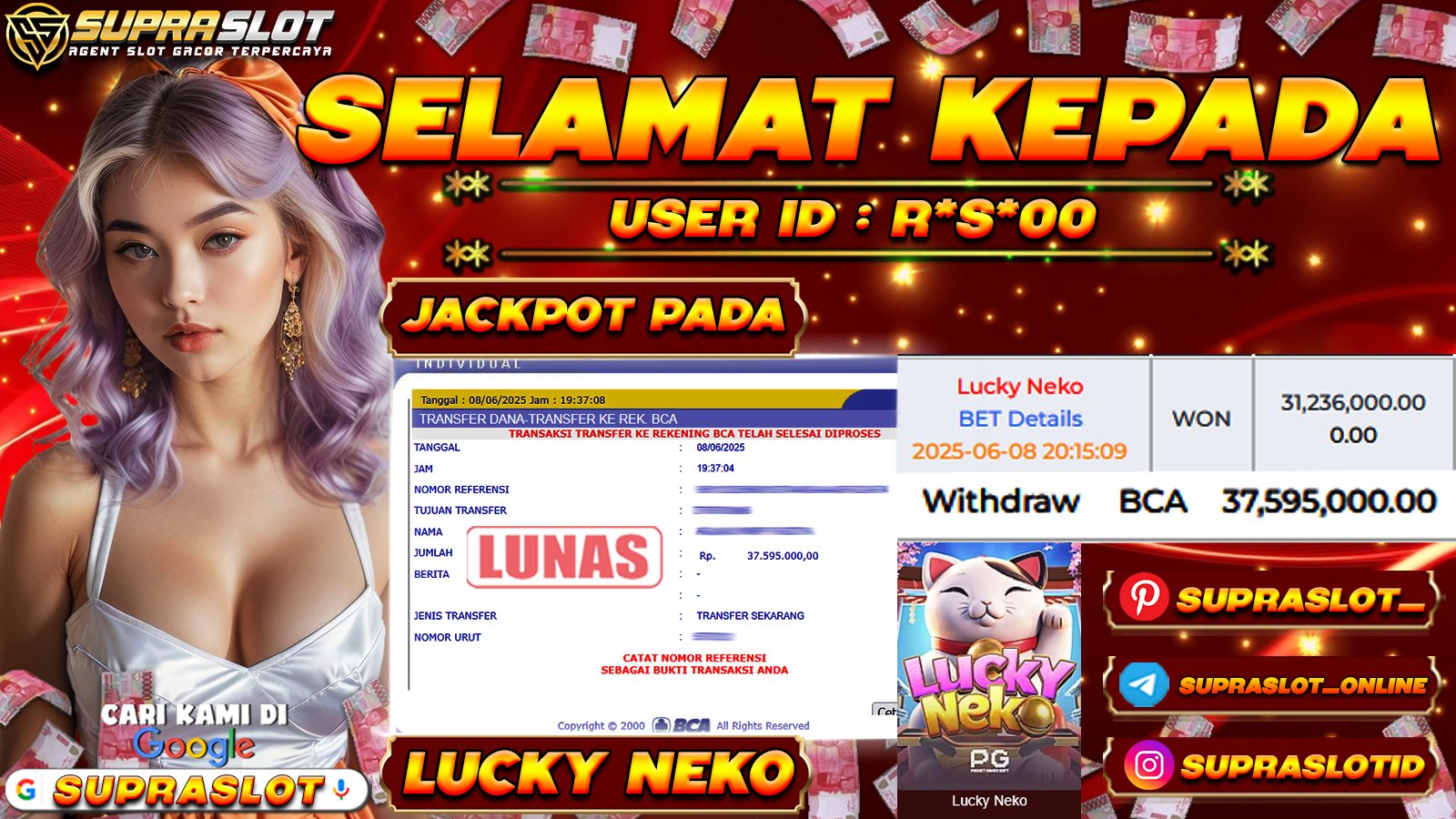 SUPRASLOT JACKPOT di SLOT LUCKY NEKO Rp.37.595.000,- LUNAS