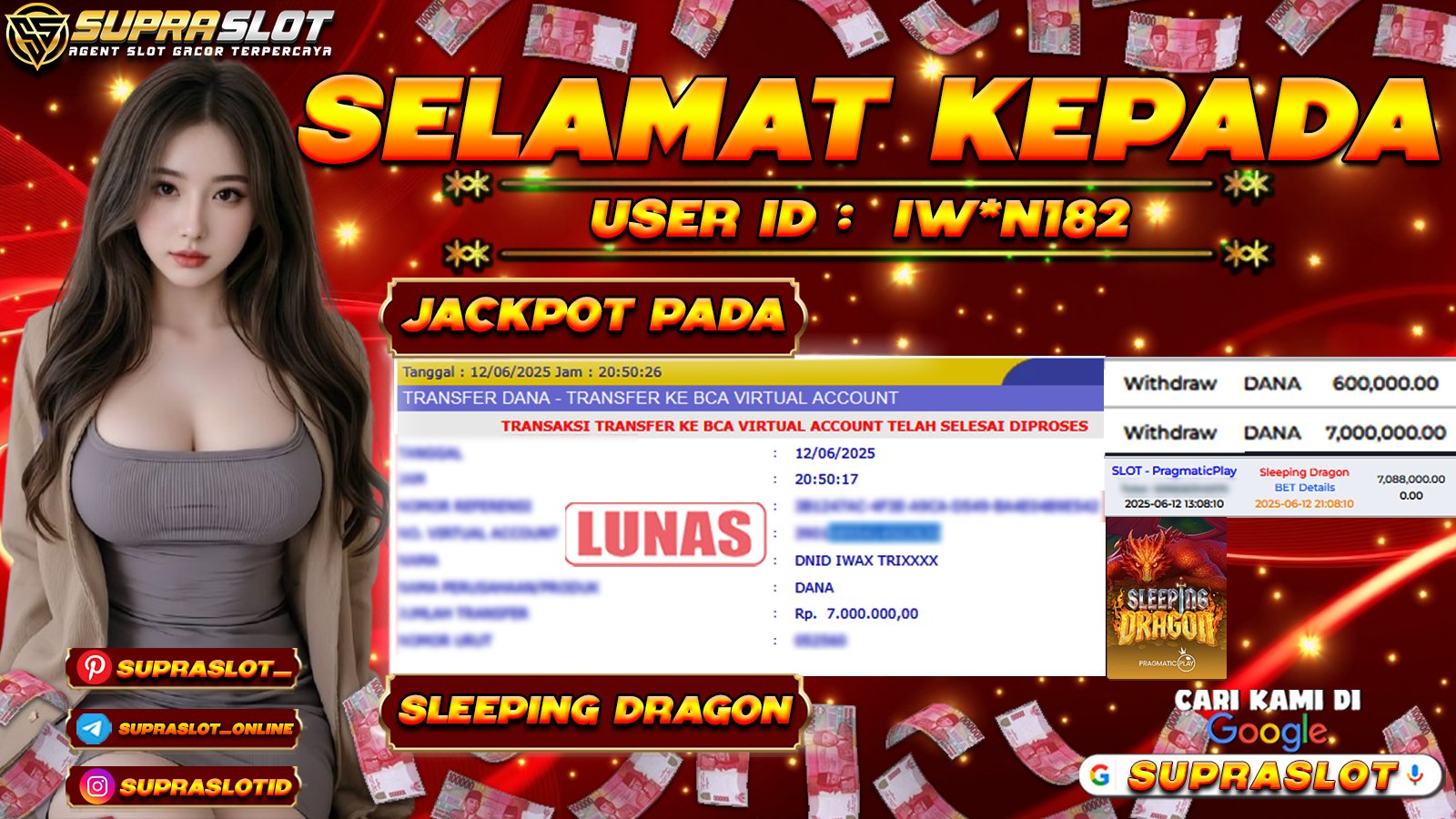 SUPRASLOT JACKPOT di SLOT SLEEPING DRAGON Rp.7.000.000,- LUNAS
