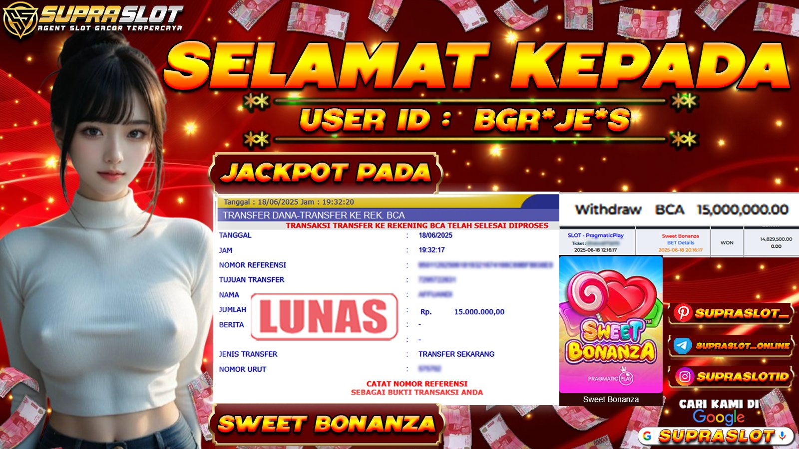 SUPRASLOT JACKPOT di SLOT SWEET BONANZA Rp.15.000.000,- LUNAS