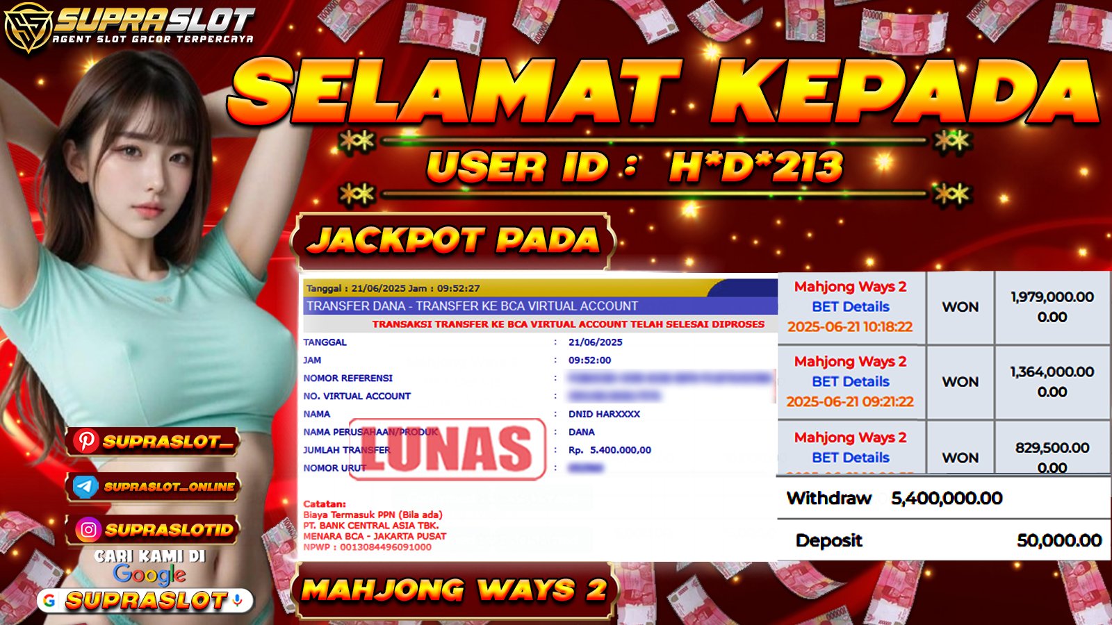 SUPRASLOT JACKPOT di SLOT MAHJONG WAYS 2 Rp.5.400.000,- LUNAS