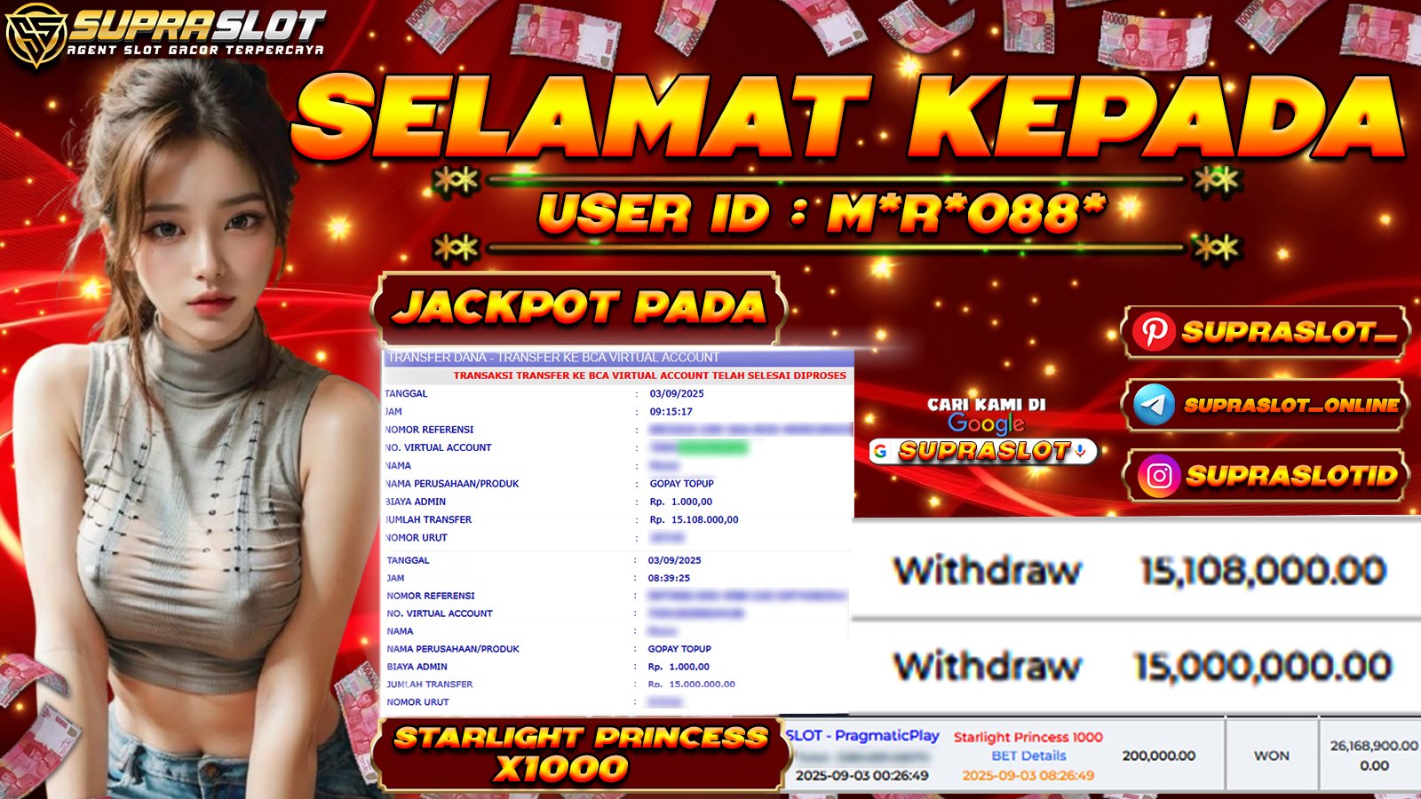 SUPRASLOT JACKPOT di SLOT STARLIGT PRINCESS 1000 Rp.26.168.900,- LUNAS