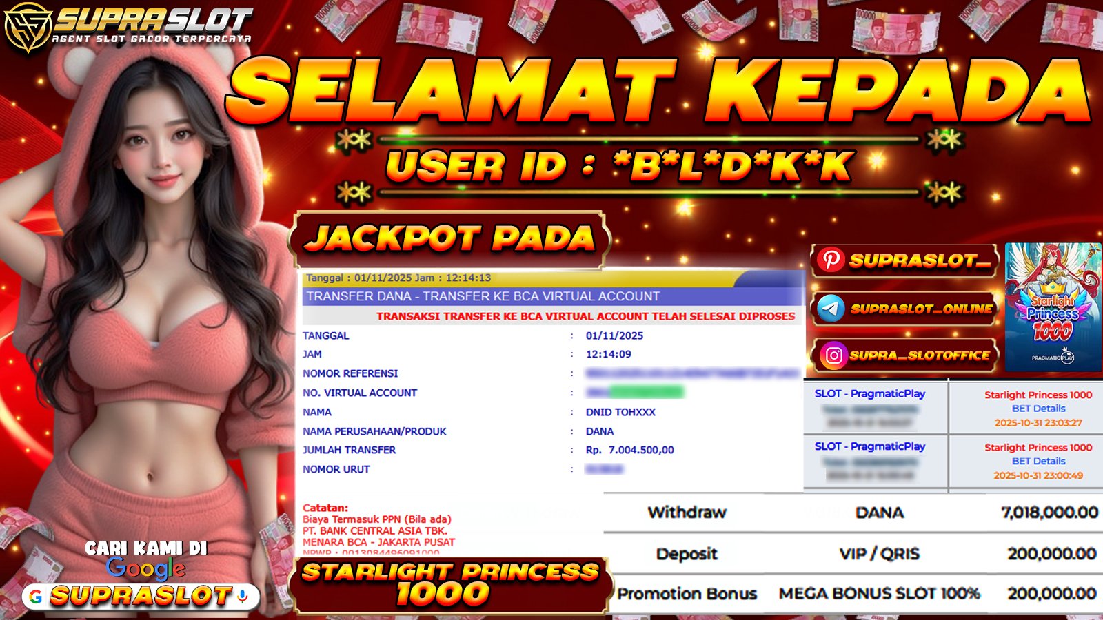 SUPRASLOT JACKPOT di SLOT STARLIGT PRINCESS 1000 Rp.7.004.500,- LUNAS