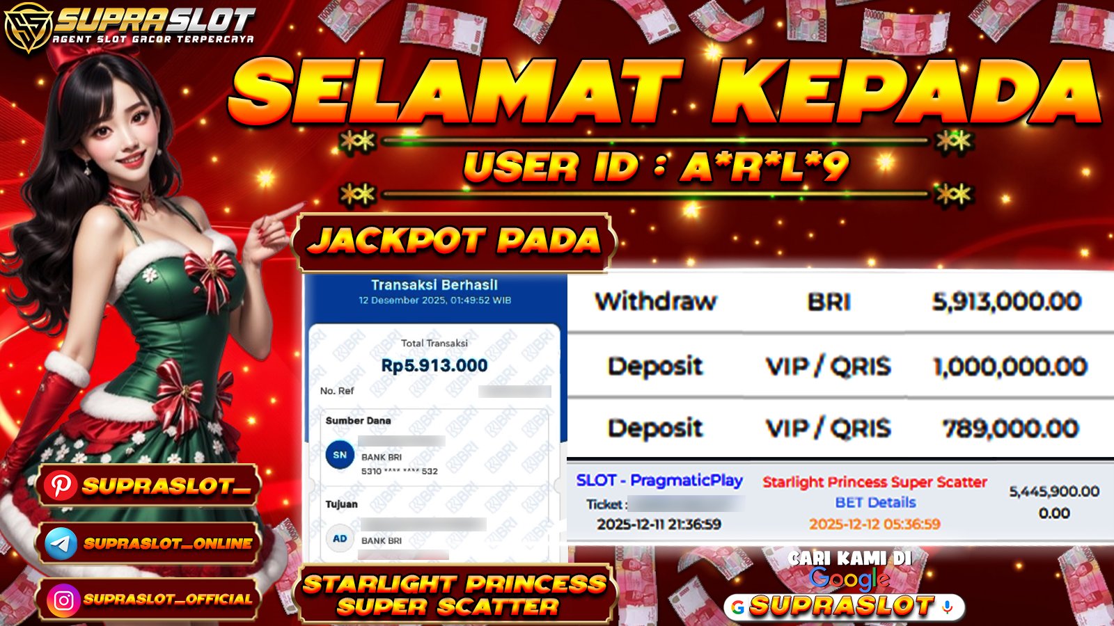 SUPRASLOT JACKPOT di SLOT STARLIGHT PRINCESS SUPER SCATTER Rp.5.913.000,- LUNAS