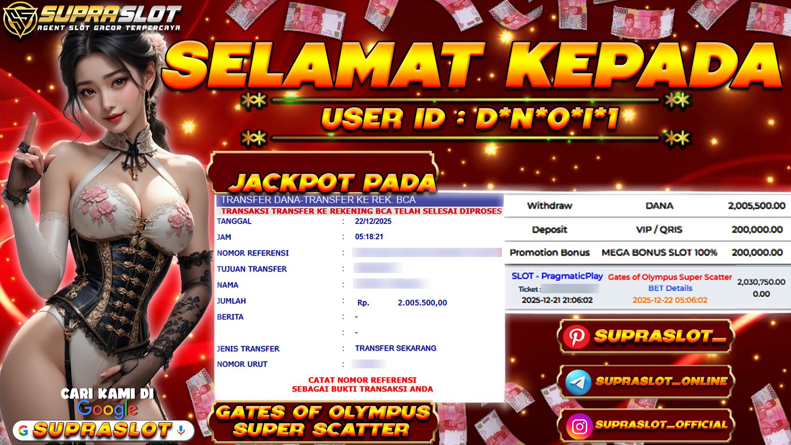 SUPRASLOT JACKPOT di SLOT GATES OF OLYMPUS SUPER SCATTER Rp.2.005.500,- LUNAS
