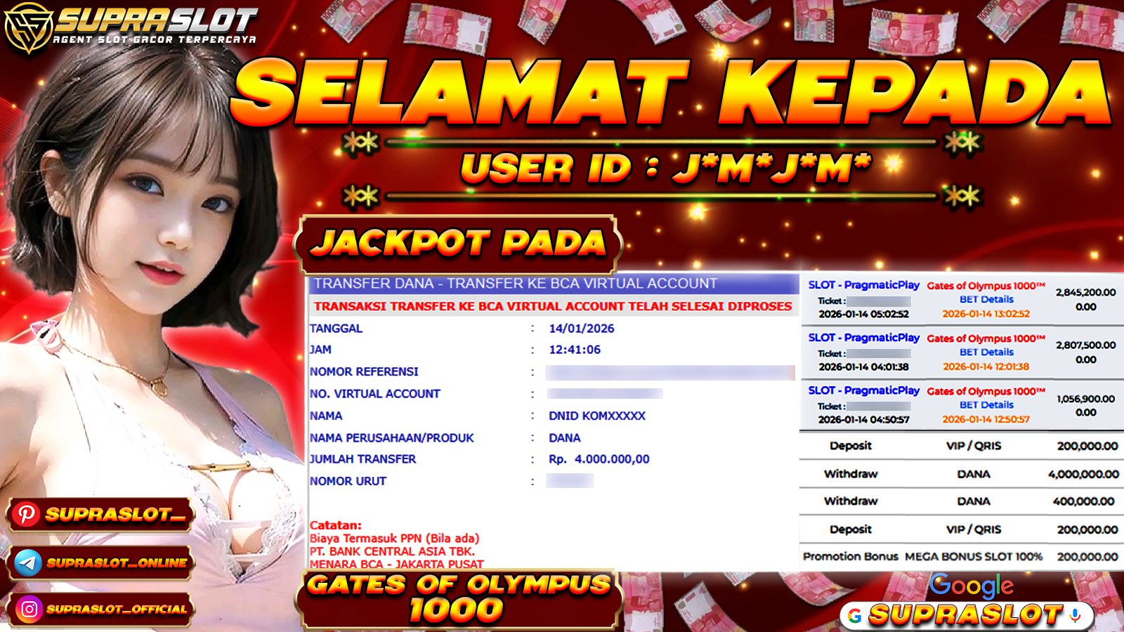 SUPRASLOT JACKPOT di SLOT GATES OF OLYMPUS 1000 Rp.4.000.000,- LUNAS