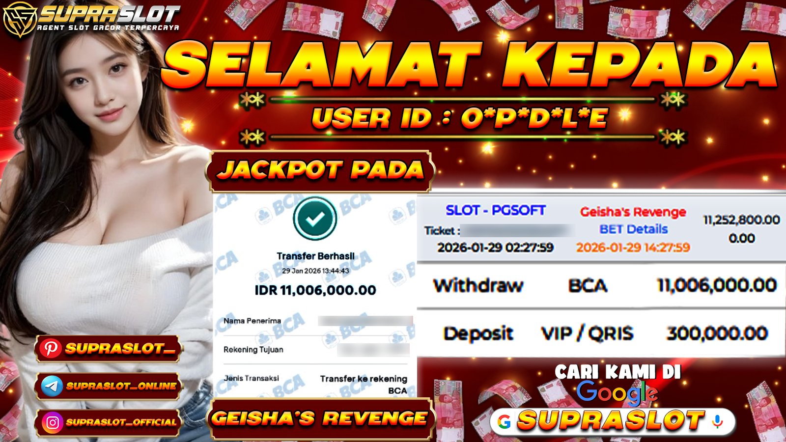 SUPRASLOT JACKPOT di SLOT GEISHA’S REVENGE Rp.11.006.000,- LUNAS