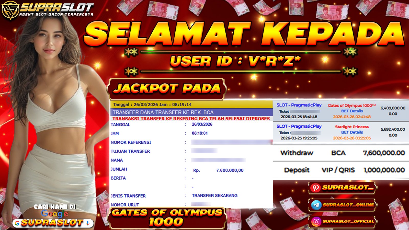 SUPRASLOT JACKPOT di SLOT GATES OF OLYMPUS 1000 Rp.7.600.000,- LUNAS