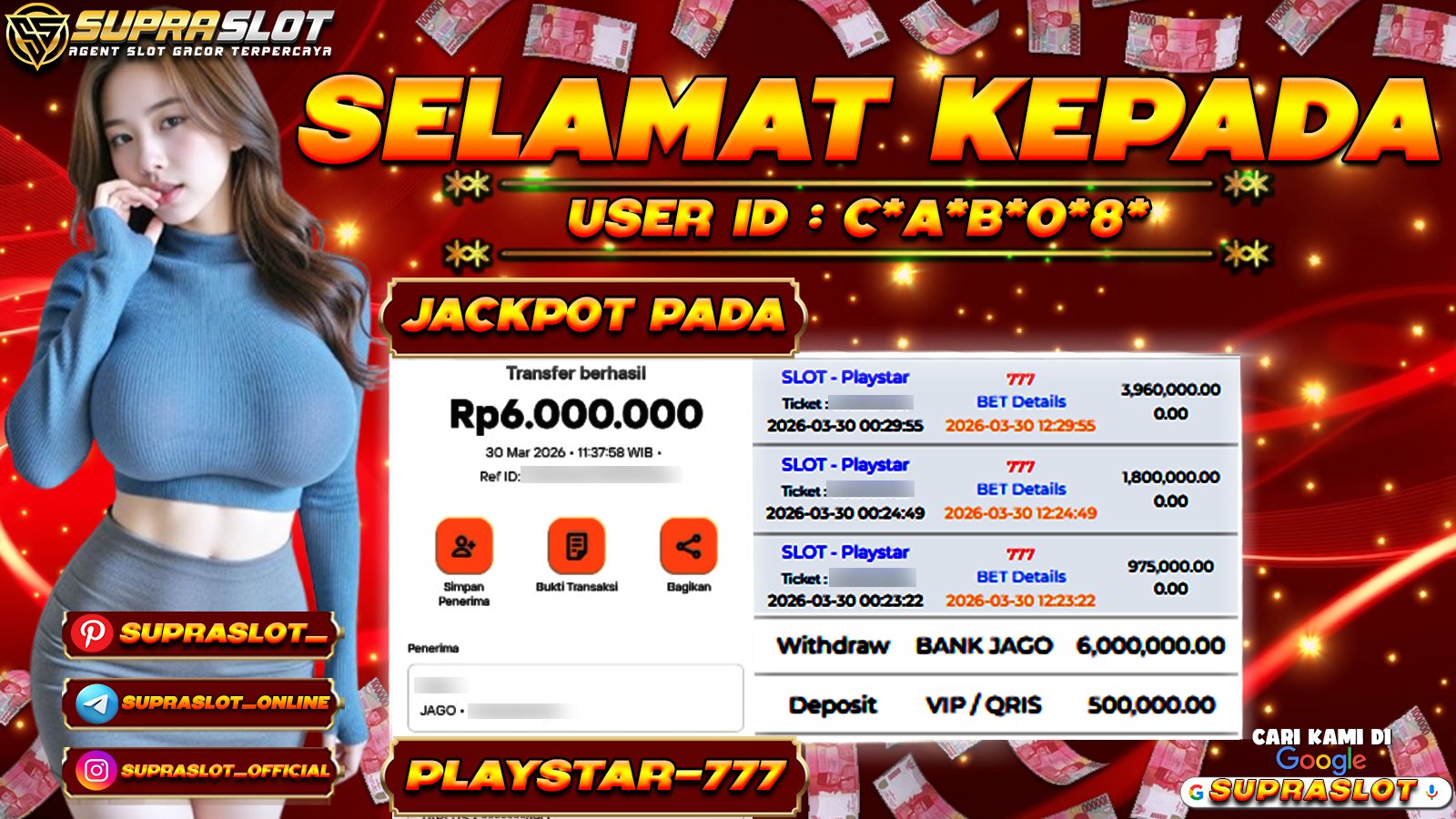 SUPRASLOT GOKIL JACKPOT di PLAYSTAR-777 TOTAL WIN Rp.6,000,000,- LUNAS