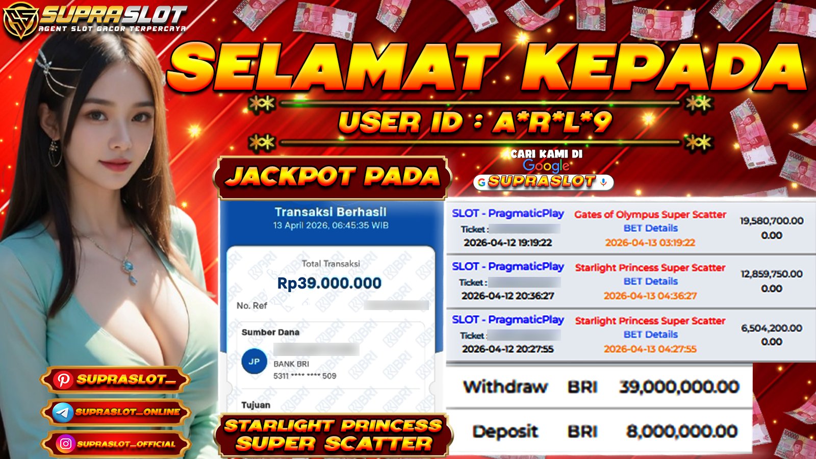 SUPRASLOT JACKPOT di SLOT STARLIGHT PRINCESS SUPER SCATTER Rp.39.000.000,- LUNAS