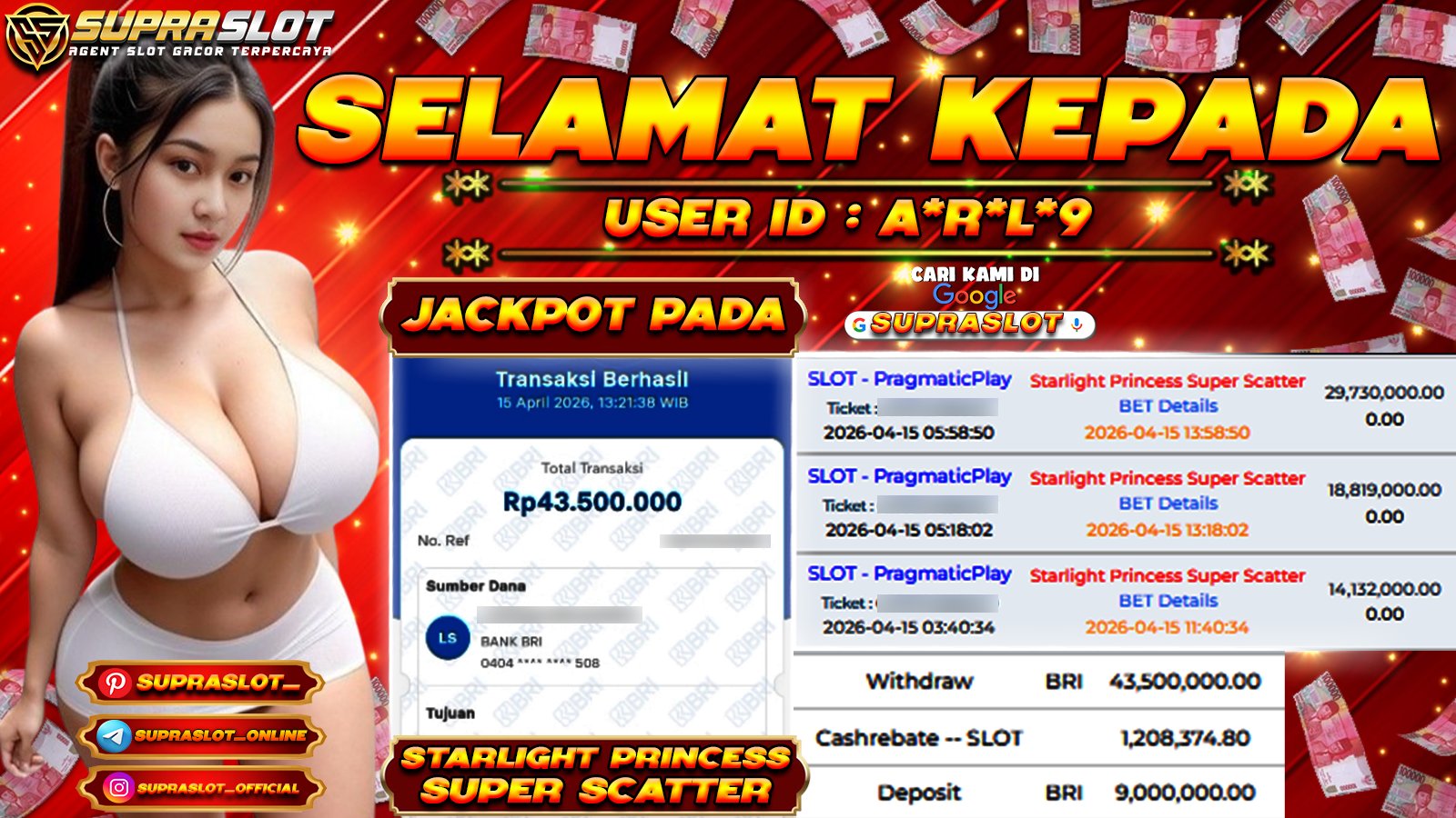 SUPRASLOT JACKPOT di SLOT STARLIGHT PRINCESS SUPER SCATTER Rp.43.500.000,- LUNAS