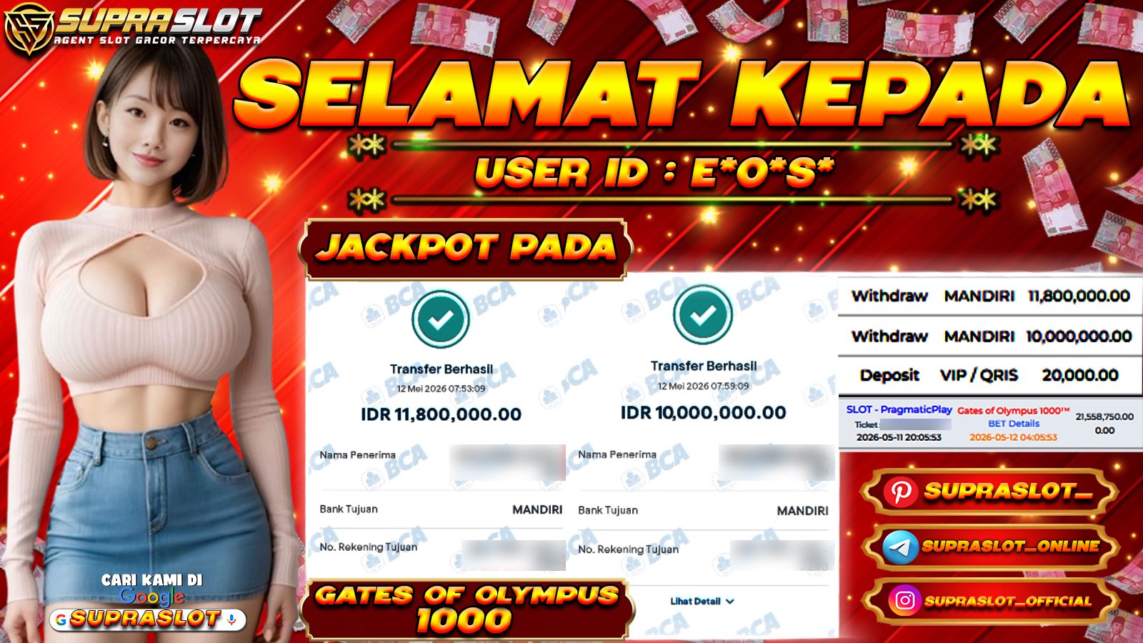 SUPRASLOT JACKPOT di SLOT GATES OF OLYMPUS 1000 Rp.21.800.000,- LUNAS