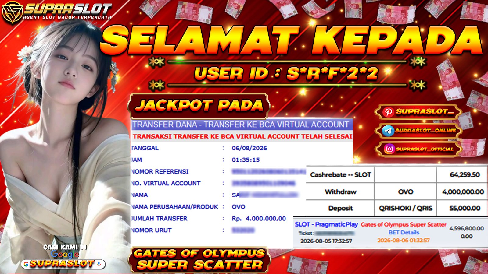 SUPRASLOT JACKPOT di SLOT GATES OF OLYMPUS SUPER SCATTER Rp.4.000.000,- LUNAS